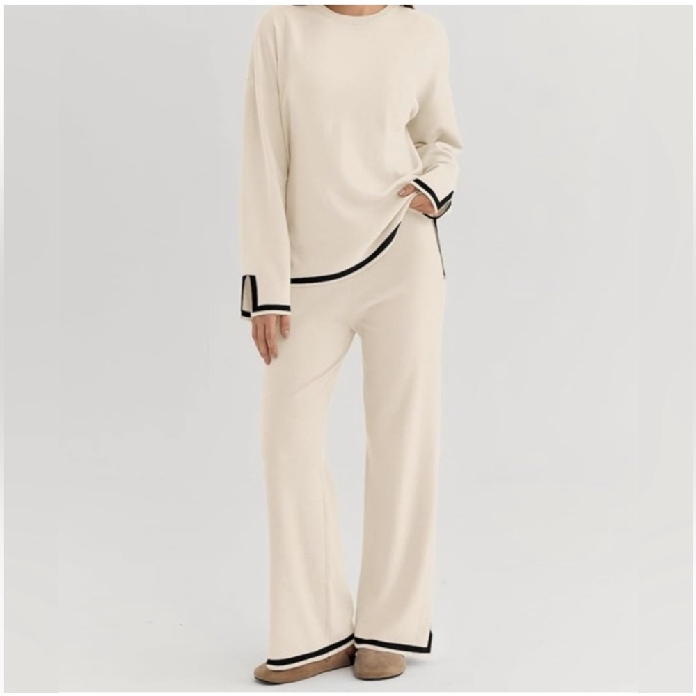 Lillusory 2-pc Lounge Set Cream Ivory & Black Elevated Athleisure Sz L
